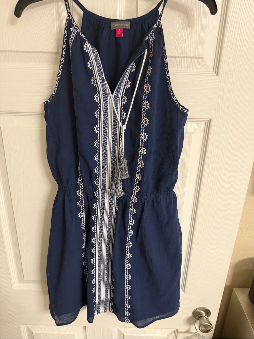 Vince Camuto Navy Boho Embroidered Tassel Dress